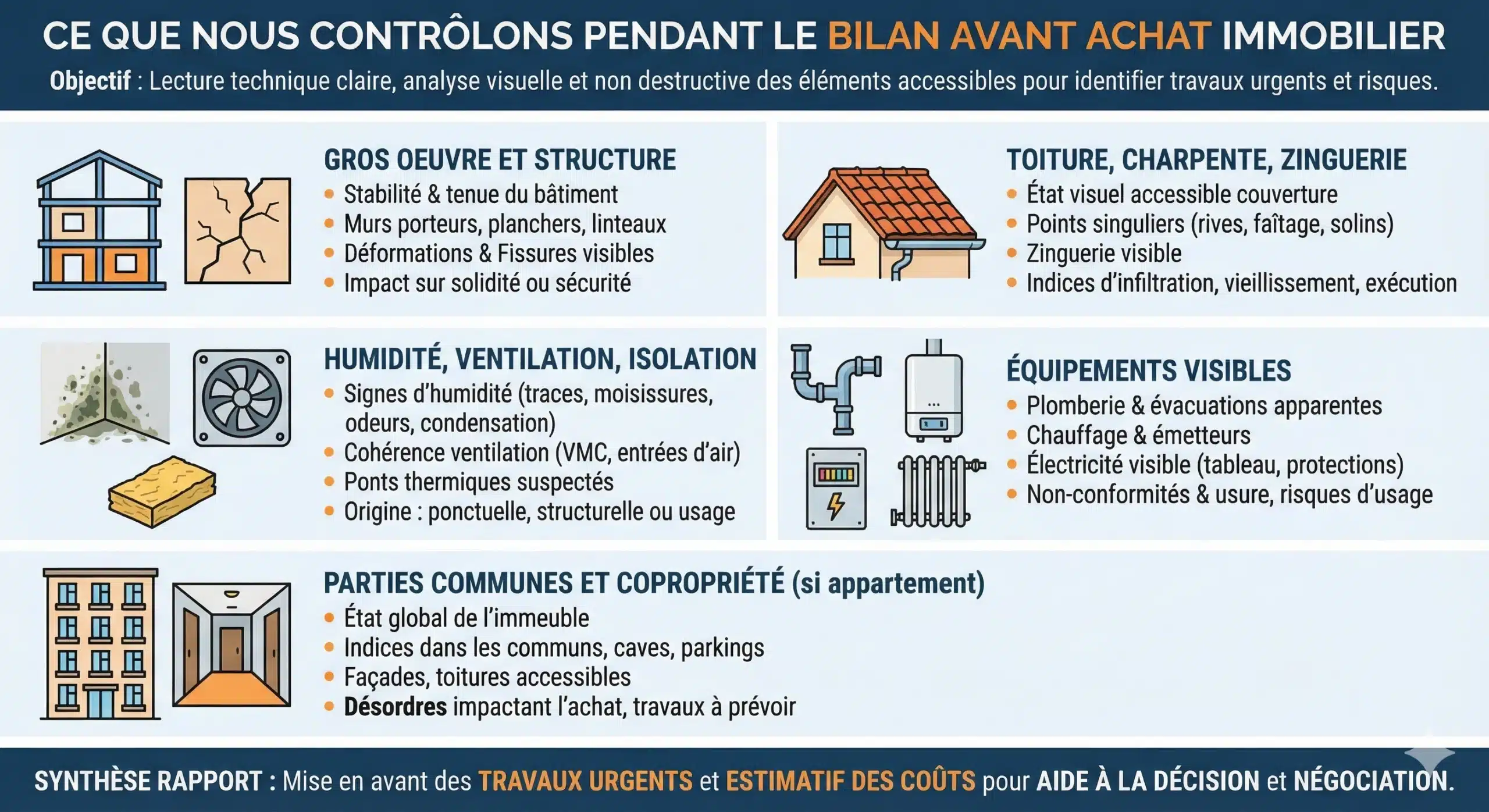 Schéma des points contrôlés pendant le bilan avant achat immobilier