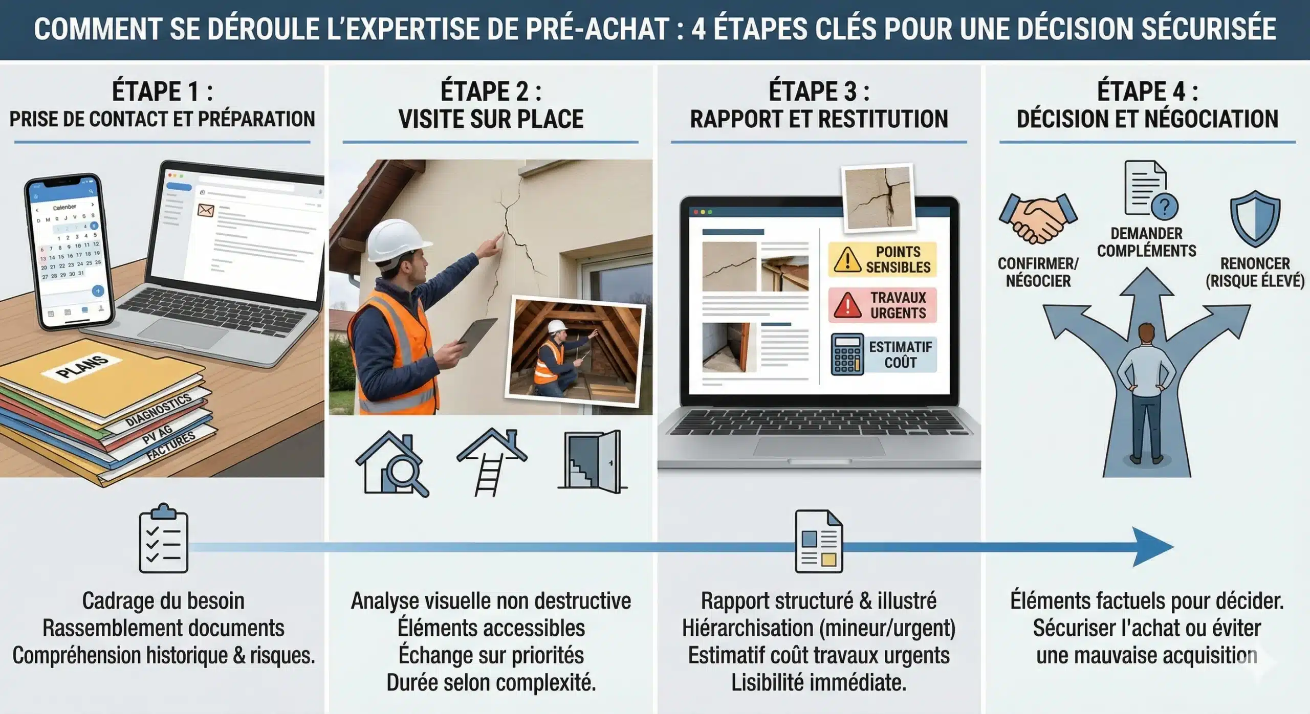 Schéma des quatre étapes du déroulé d'une expertise avant achat