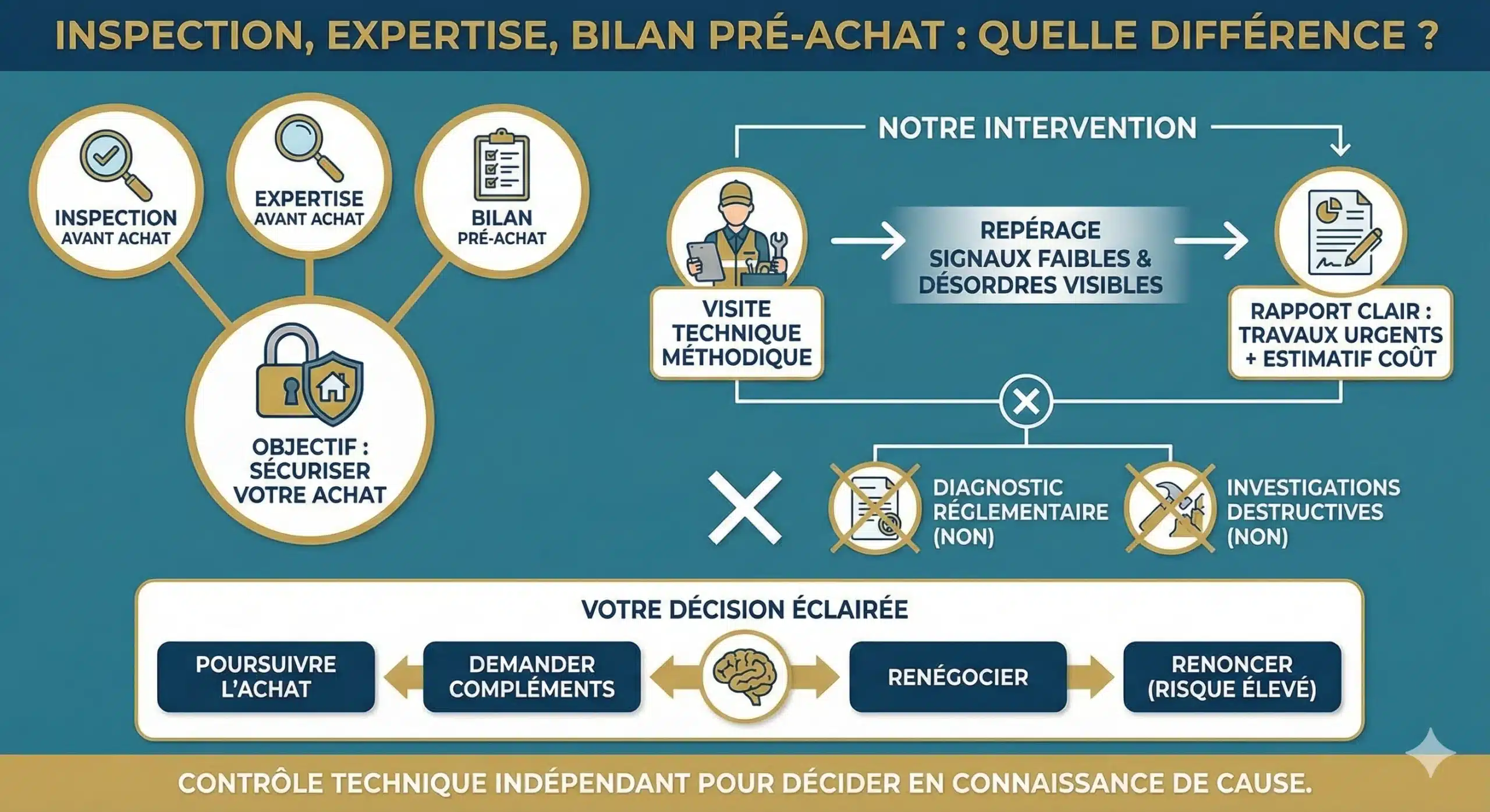 Schéma comparant inspection, expertise et bilan pré-achat et le rôle de l'expert