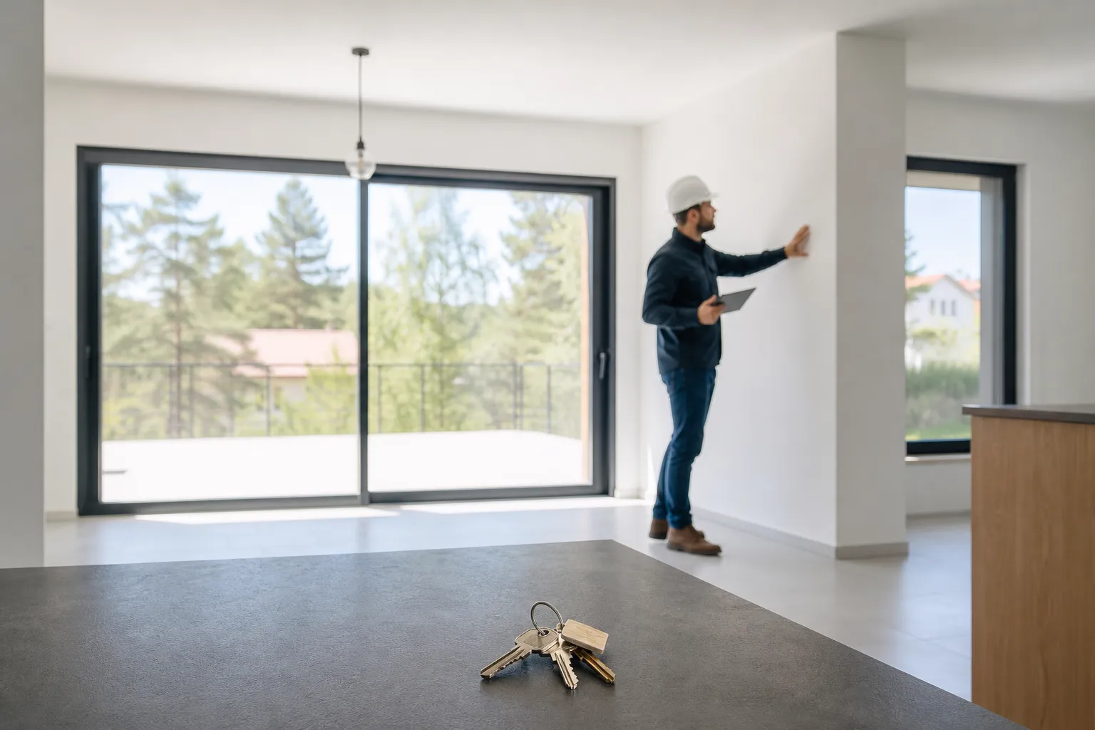Visite de livraison VEFA, expert en bâtiment vérifiant la remise des clés d’un appartement neuf dans les Yvelines